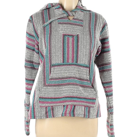 Original Senor Lopez Mexico Made S Boho Pink Blue Stripe Hooded Poncho Pullover - Picture 1 of 4